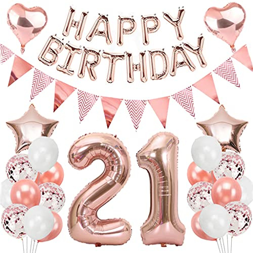 Ouceanwin Palloncini 21 Anni Compleanno Oro Rosa, Giganti Foil Palloncini Numero 21, Palloncini Happy Birthday Striscione, Festa di Compleanno Kit Decorazioni per 21 anni Donna