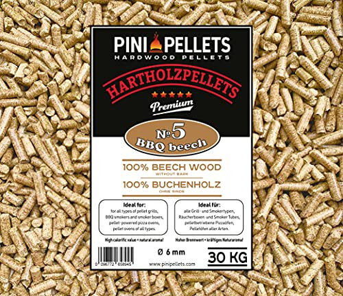 PINI Hartholzpellets 100% Buche № 5 BBQ Beech 30 Kg Grillpellets zum Grillen Räuchern Smoken Heizen
