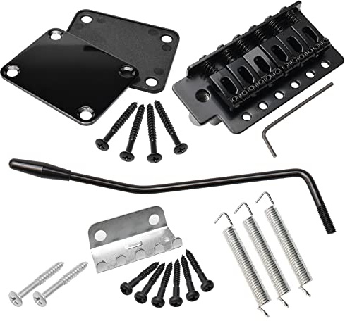 Swhmc Black 6 Strings Electric Guitar Tremolo Bridge Bar Kit with Neck Plate Reinforce Board for Fender Strat Guitar Replacement