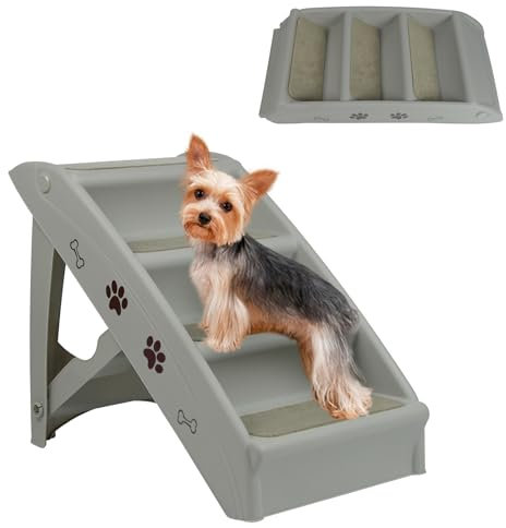 Froadp 4 Stufige Hundetreppe Katzentreppe Klappbar mit Stabiler Stützstangen für Sofa Auto Bett 60cm Hoch Haustiertreppe aus PP-Kunststoff mit Rutschfesten Stufen für Kleine Hunde Katze (Grau)