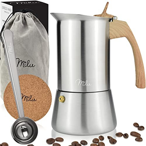 Milu Espresso Maker Induction Hob | 2, 4, 6, 9 Cup| stainless steel Espresso Pot, Stovetop Moka Pot, Coffee Maker, Set including coaster, spoon, brush (Handle: Wood optics, 9 cups 450ml)