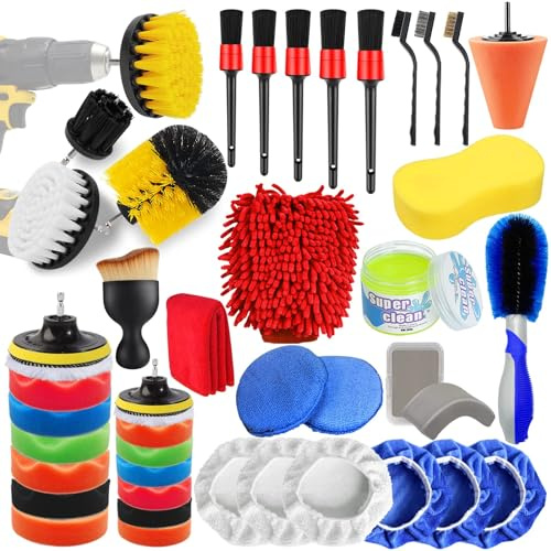 Yumzeco 46er Auto Reinigung Bürsten Pinsel Set, Detailing Reinigungsbürsten Set, Felgenbürsten fürs Auto, Detailingbürste, Polierpad Set, Reinigungsgel, Drahtbürste, Waschhandschuh, Polierkegel