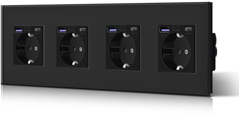 BSEED Steckdose aus Glas mit 20W USB C, Schnellladegerät Wandsteckdose, 3 in 1 Unterputz Steckdosen, Einfache Installation, 240V 16A, 299mm 4 Fach Schwarz