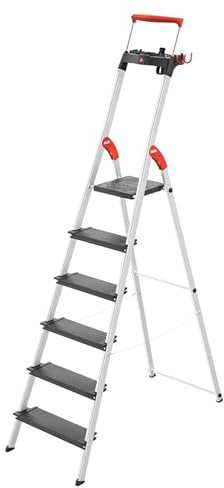 Hailo L100 Topline 6-Step Aluminum Step Ladder, 330 lb Load, 129.1 Height - Extendable Safety Bar, Locking Platform, Non-Slip Steps, Tool Tray, Bucket Strap & Hook, EasyClix-Ready