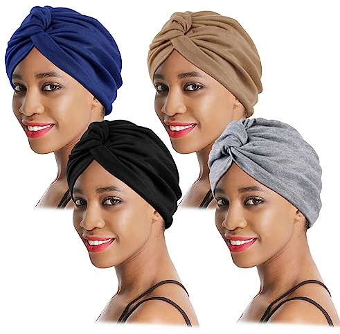 XEPST 4 Stücke Turban Damen Chemo Hüte, Turban für Frauen Vorgebunden Beanie Kopfbedeckung Plissee Mütze Weich Kopfwickel Kappe Haarausfall Hut