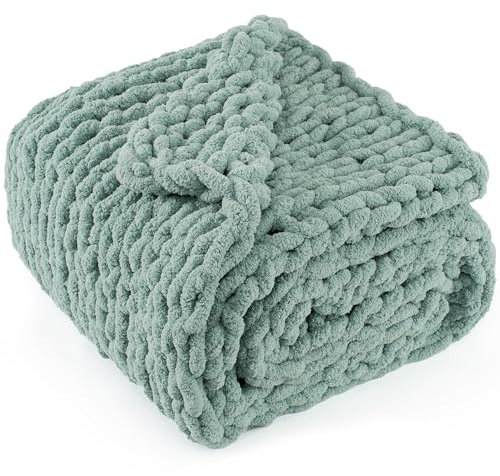 LONG CREATE Chunky Knit Throw Blanket 50X 60, 100% Handmade with Soft Chenille Yarn, 4.4lbs Thick Cable Knitted Blankets, Large Rope Knot Crochet Throws for Couch Sofa Bed Home Decor, Sage Green