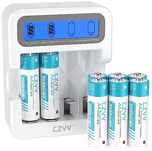 czvv Piles Rechargeables AAA 1,5 V - Lot de 8 Entièrement Rechargées avec LCD Chargeur Ultra Rapide 2H pour, Haute Capacité Longue Durée 1100 mWh, Temps de Cycle Jusqu'à 1300x, Sortie Constante(Blanc)