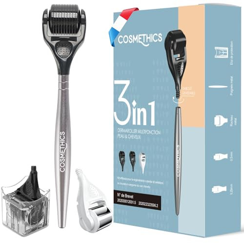 Cosm'Ethics® | New Dermaroller cheveux | dermaroller barbe homme 3 roulette démontable | roller cheveux repousse barbe cheveux | derma roller kit pousse barbe homme + Clip de protection