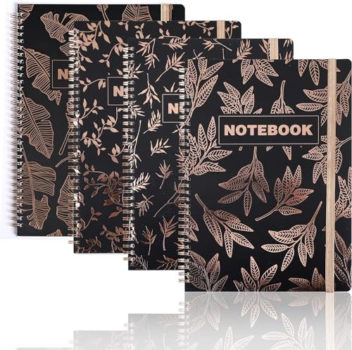 SIAZIH 4 Stück Block Liniert a4, Groß Schreibblock(288x210mm), Schwarzer Hintergrund, Roségold Geprägtem Cover, Spiralblock a4 mit 8mm Liniertem Abstand, Um Schüler zum Ordentlichen Schreiben