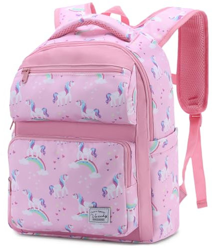 VASCHY Zaino Bambina, Zainetto Asilo Bambino Grande Zaino Scuola Elementari Bimba Leggera Zaino Bimba Ragazza Con Fascia Toracica Zaino da Viaggio 4-6 Anni Unicorno Rosa