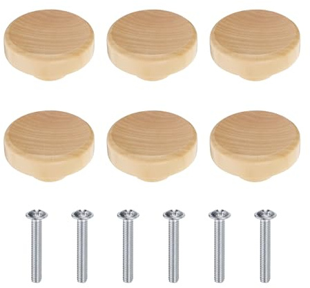 sourcing map 6pcs Wood Knobs 1.5(38mm) Wooden Flat Round Dresser Drawer Knobs Pulls with Screws for Dresser Drawer Closet Cupboard Furniture Wood Color