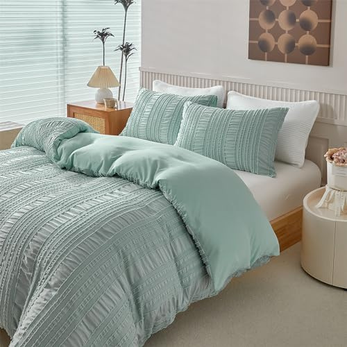 YASMENG Seersucker sängkläder 200 x 220 grön randig tuftad sommar | Seersucker Sängkläder boho mjukt ventilerande mikrofiber sängkläder 3 delar med dragkedja och 2 örngott 80 x 80 cm