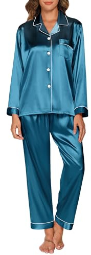 GAESHOW Sommarpyjamas av satin för dam, tvådelad, kortärmad silkespyjamas med knappar, långa byxor, mjukt, bekvämt pyjamasset, storlekar S–XL
