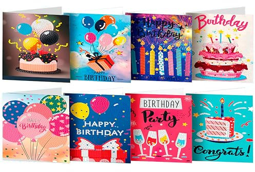 CAYUDEN Diamond Painting Geburtstag Karten, 8 Stück Alles Gute zum Geburtstag Diamond Painting Karten DIY Handgemachte Diamant-Malerei Grußkarte mit Umschlag Set Geburtstagskarte für Freunde, Familie