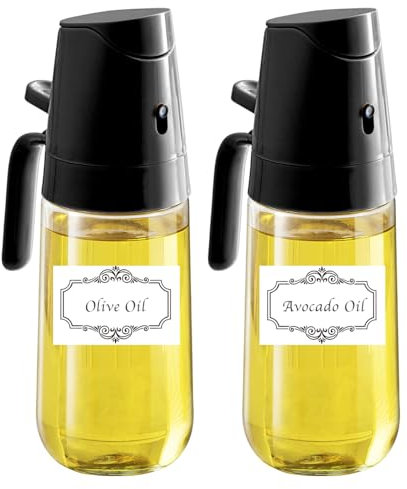 Pulverizador de aceite de oliva para cocinar con etiquetas, botella dispensadora de vidrio de 500 ml para cocina, botella pulverizadora de aceite para freidora de aire, ensalada, freír, barbacoa, 2