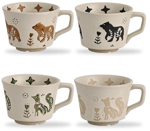 Swuut Juego de 4 tazas de café de cerámica vintage de 12 onzas, hechas a mano, cerámica, campo, granja, otoño, otoño, tazas de té con asa grande para café con leche, cacao, lavavajillas y microondas
