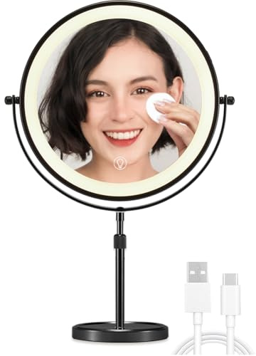 OMIRO Magnifying Mirror with Light 10X/1X-360° Flip Dual Side, 10 Makeup Mirror with Light, Touch Adjustable 3-Color Lights, Detachable & Rechargeable for Bathroom Vanity, Travel (Black)
