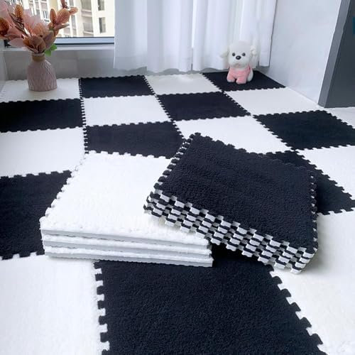SSDDLZEQ Ineinandergreifender Teppich 30 weiche Plüschschaum-Fußmatten, ineinandergreifende Puzzle-Teppiche for Fitnessstudios, Kindergärten und Spielzimmer Dekoration(Black+White)