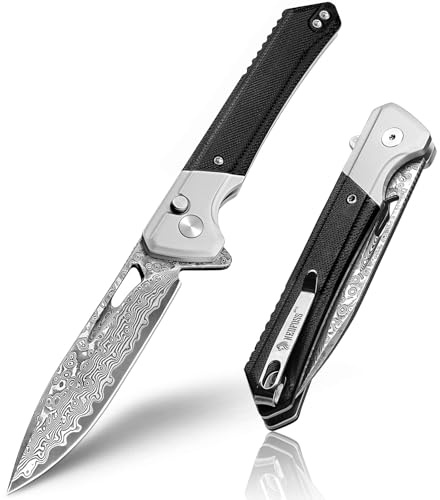 NedFoss ELF III Klappmesser, Damast Taschenmesser aus 67 Lagen VG10 Stahl | 8.5cm Einhandmesser mit Button-Lock & G10 Griff, Outdoor Messer mit Clip, Jagdmesser für den Alltag, Sammlung & Geschenk