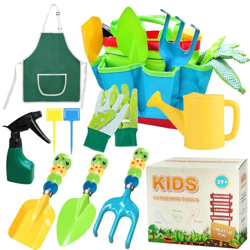 YORFULL Kit Attrezzi Giardinaggio Bambini, Set Giardinaggio Bambini 10 Pezzi per Paletta, Rastrello, Spruzzatore, Annaffiatoio, Grembiule, Guanti da Giardino e Borsa per Il Trasporto