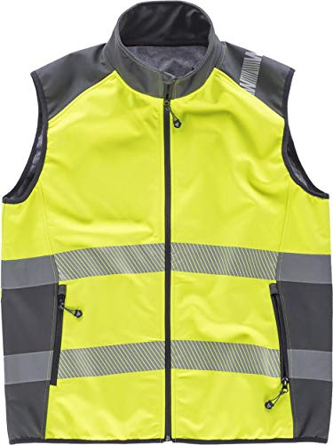 WORKTEAM Chaleco Softshell de Trabajo Alta Visibilidad, Cintas Reflectantes Discontinuas, Cortavientos, Impermeable e Interior de Alta Capacidad Térmica. Unisex Amarillo L