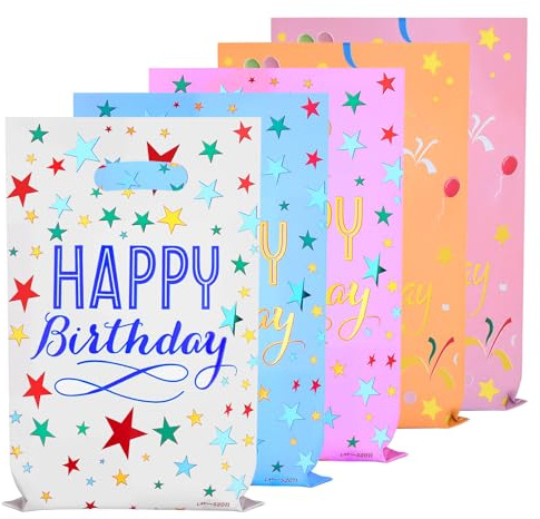 GOMANCHE 40 Pack Happy Birthday Party Favor Bags 9.4 x 6.3 Inch - Colorful Reusable Goodie Gift Bags for Kids, Girls & Boys Birthday Parties, Baby Showers & Special Events