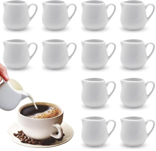 12 PCS Small Milk Jug, 50ML White Ceramic Milk Jug, Milk Creamer Pitcher for Pouring Milk Coffee Sauce Gravy Custard Milk Coffee with Handle, Suitable for Kitchen Office Café, White