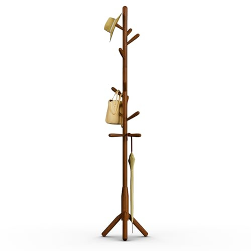 Awatiwa Porte-manteau en bois massif, autoportant en forme d'arbre avec 11 crochets,(+2 de rechange) mât principal de 40mm de diamètre (Trois pattes, Brun)