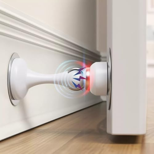 Premium Magnetic Door Stop - Heavy Duty Floor Mounted Doors Stoppers for Walls & Floors - Strong Magnetic Catch, Adhesive Fitting, Wall Protector, Chrome Door Stop (Multi Colors) (White)
