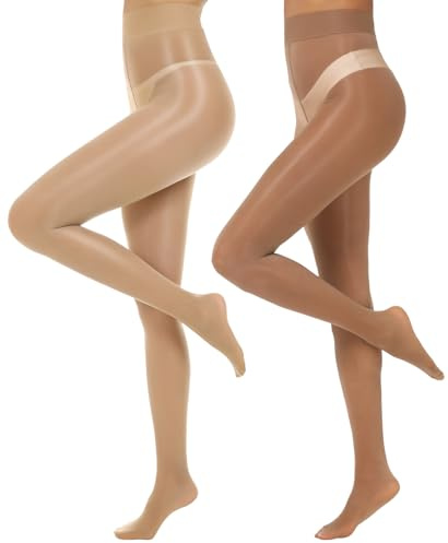 MANZI Shiny Pantyhose for Women 2 Pairs Shimmer Sheer Tights Ultra Silky Brown/Natural Large-X-Large