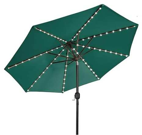 GFYHTN Ombrellone da Giardino con Luci LED Solare, Parasole da Esterno con 8 Ribs Stecche, Inclinazione Regolabile e Manovella per Bar Ristorante Patio(Dark Green,8.8ft/2.7m)