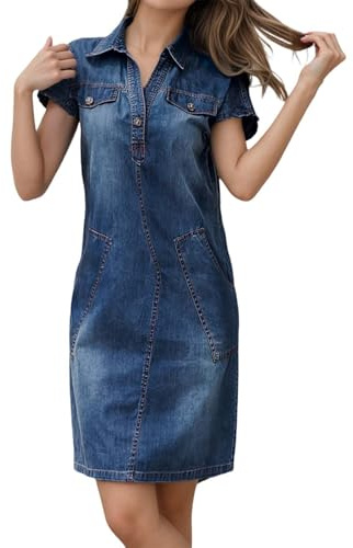 Abito da donna in jeans, stile coreano, scollo a V, a maniche corte, attillato, linea ad A, per il tempo libero, casual, alla moda, lunghezza media, estivo, Blu, S