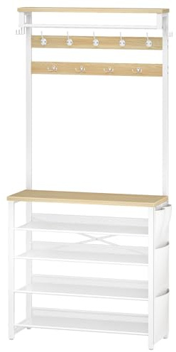HOOBRO Garderobenständer mit Schuhablage, Schuhregal mit Garderobe, Kleiderständer mit 5 Ebenen Schuhablage, Garderobe mit Schuhschrank, Weiß und Natürliche Holzfarbe EWN75MT01
