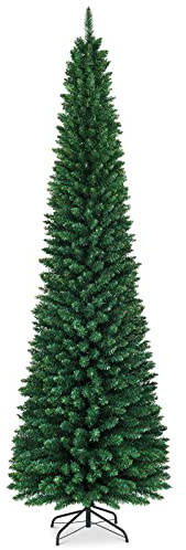 GYMAX Árbol de Navidad Slim 150/180/210/240/270 cm, Estrecho y Alto, con 220/400/700/1000/1500 Ramas de PVC ignífugo, Árbol Artificial con Soporte de Metal, para el Hogar, Tienda, Oficina (270cm)