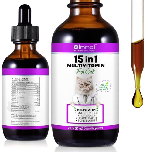 Vitamintropfen Für Katzen, 15-In-1-Multivitamintropfen Für Katzen, Enthält Glucosamin Und Probiotika, Fördert Gesunde Haut Und Gesundes Fell, Verbessert Die Verdauungsfunktion 60Ml