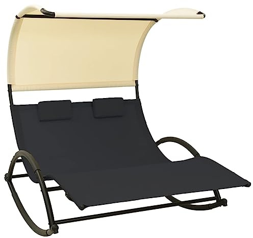 GCHDHAPB Double Sun Lounger with Canopy Textilene Black and CreamOutdoor Outdoor Seating Sunloungers