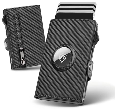 Portafoglio Uomo Airtag, Porta Carte di Credito Slim Uomo Schermato RFID, Portacarte Compatto Men's Air tag Wallet con Portamonete Capacità Porta Tessere per 12 Carte & 2 Finestra ID, Carbon Nero