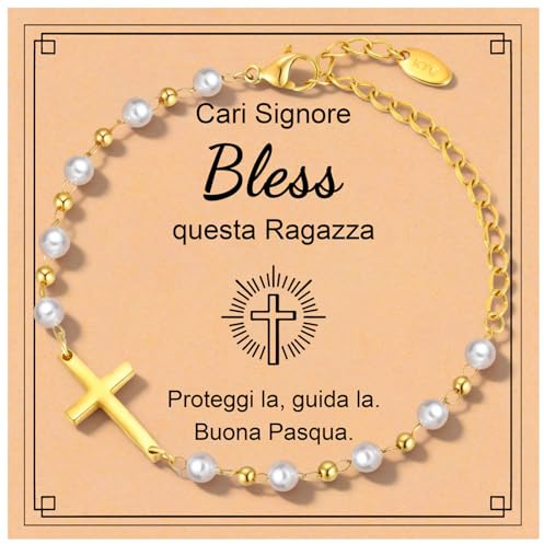 Gamtic Regalo Comunione Bambina Bracciale Croce - Braccialetti Ragazza Placcato Oro 18K Idea Regali per Bambine Ragazze Figlia Gioielli Religioso per Pasqua Battesimo Prima Comunione e Cresima