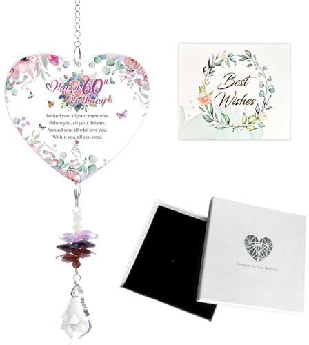 60th Birthday Gifts for Women, Heart Crystal Suncatcher Window Hanging Ornament, Sentimental Happy 60th Birthday Present for Mum, Sister, Auntie, Friend, Includes Elegant Gift Box & Greeting Card