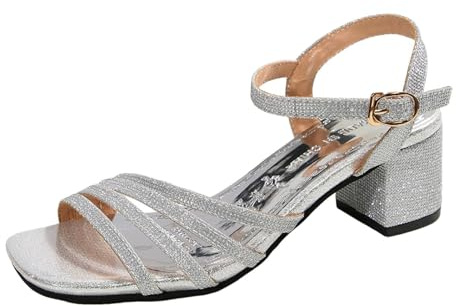 Sandalias para mujer con strass, tacones de tiras, tacón bajo bloque grueso, punta cuadrada abierta, talón con correa, zapatos de fiesta, boda y novia,Plata,36 EU