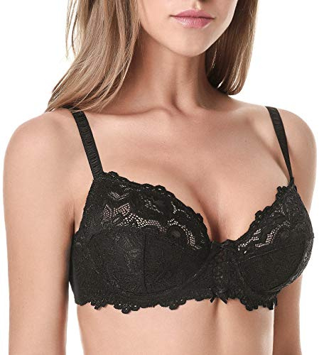 WingsLove Women's Floral Lace Bra Underwire Non Padded Soft Cup Full Coverage Black 34DDD