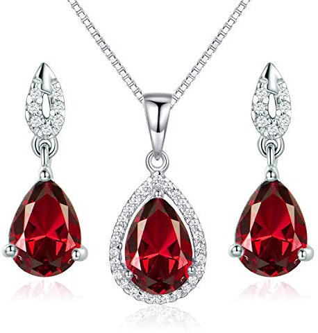 925 Sterling Silber Granat Schmuckset Damen Kette Tropfen Ohrring Halskette Anhänger Ohrstecker Geschenk Verpackung 40+5CM Kettenlänge Geschenke für Party/Jahrestag/Geburtstag