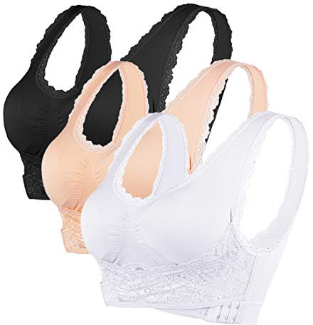 Vertvie Damen Sport BH Spitzen BH Frauen Bustier Lace Bra Dünn Front Closure Push Up Ohne Bügel Top für Yoga Fitness Training Stretch Wohlfühl-BH(2XL,C-schwarz+weiß+Haut)