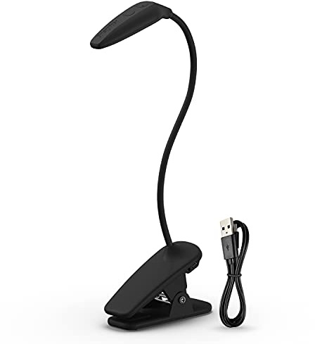 Energizer Rechargeable LED Book Light, Clip On Reading Light with Adjustable Light Modes, USB Charging Cable Included, Pack of 1, Black