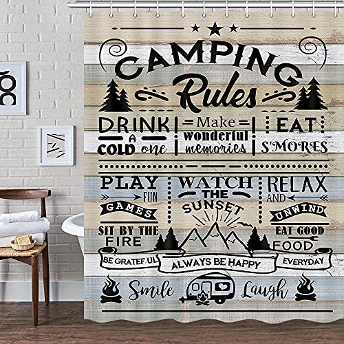 DYNH Camper RV Shower Curtain for Travel Trailer Bathroom, Farmhouse Camping Rules Quote Fabric Shower Curtains Set, Happy Camp Outdoor Decor Accessories with Hooks 72X72