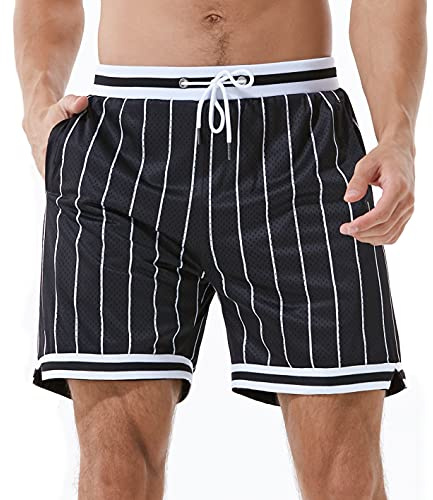 HEALONG Pantalones Cortos Deportivos para Hombre, de Malla Activa, Informales, cómodos, para Hombres, con Bolsillos, Franjas Negras, Medium