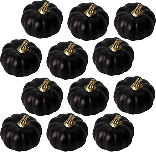 12 Decoracion Halloween Otoño Calabaza Artificial,Mini Negro Calabaza Decoracion de Mesa con Espuma,Decorar Interior y Exterior,para Navidad, Acción de Gracias,Fiesta,Cumpleaños,Cosecha de Otoño