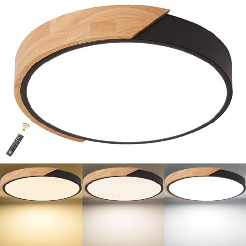 LuFun Plafon LED Techo, Regulable con Control Remoto 3000K-6000K, Madera Redondo Luz de Techo para Dormitorio Sala de estar Cocina Corredor Salón Comedor Pasillo Hogar Oficina, 24W, Ø30cm*5cm