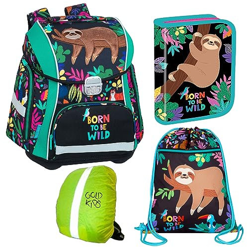Goldkids Schulranzen-set Born to be wild Ranzen Schulranzen Kinderrucksack, Federmappe, Schuhbeutel, Regenschutz Motivdruck Faultier 4-teilig