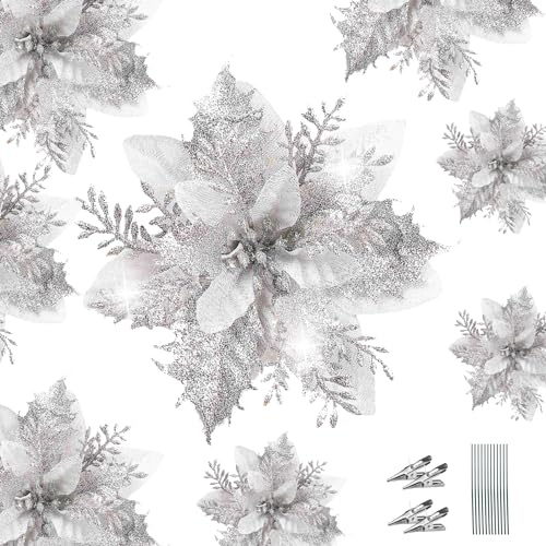 WUBAYI Lot de 12 fleurs artificielles de poinsettia à paillettes pour sapin de Noël avec 12 tiges et clips, décoration de sapin de Noël pour mariage, nouvel an, guirlande de Noël (Argent)